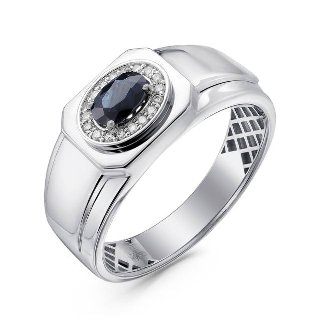 Мужское кольцо из белого золота с бриллиантами и сапфиром (050501)