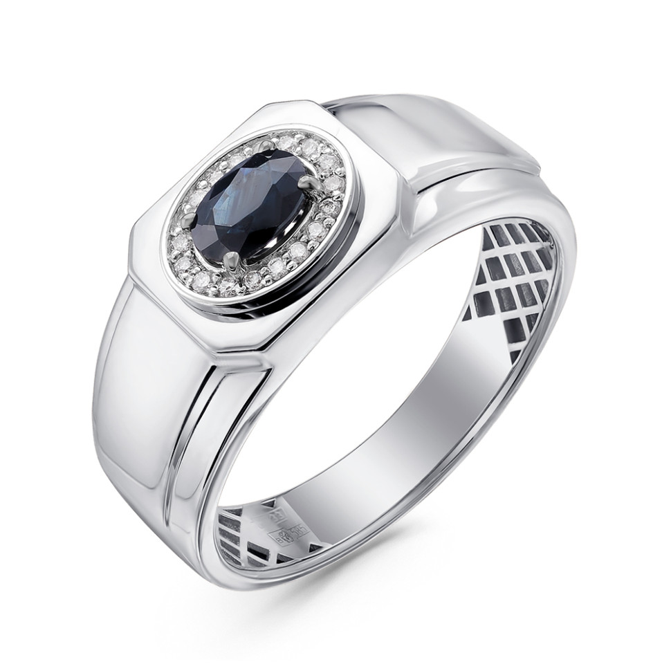 Мужское кольцо из белого золота с бриллиантами и сапфиром (050501)