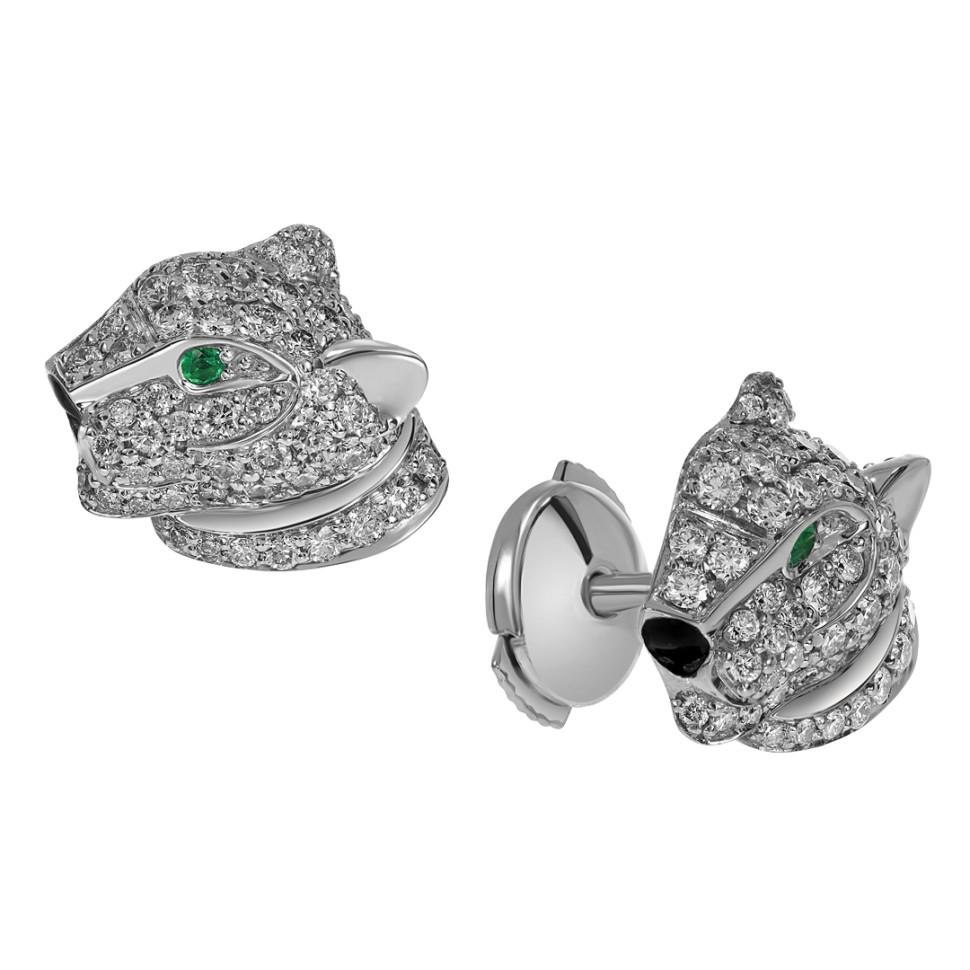 Серьги пусеты из белого золота с бриллиантами и изумрудами (060528)
