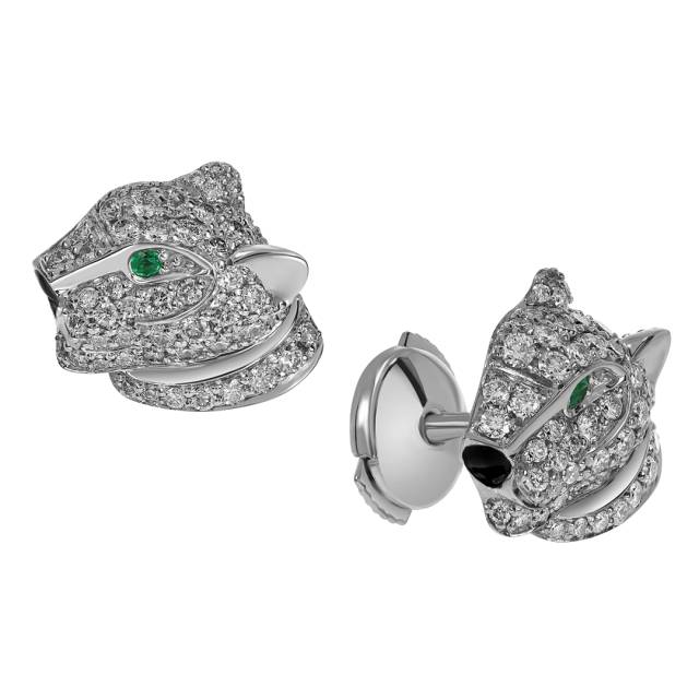 Серьги пусеты из белого золота с бриллиантами и изумрудами (060528)