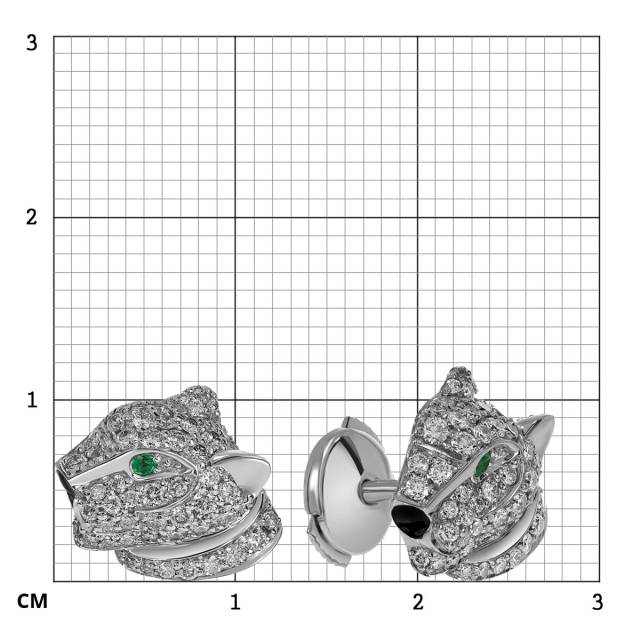 Серьги пусеты из белого золота с бриллиантами и изумрудами (060528)