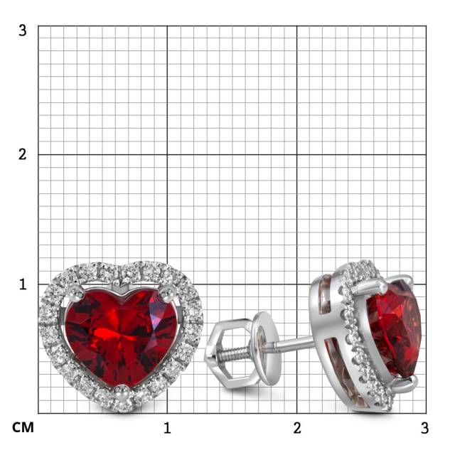 Серьги пусеты из белого золота с бриллиантами и грантами "Сердце" (055697)