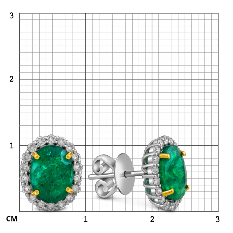 Серьги пусеты из белого золота с бриллиантами и изумрудами (055078)