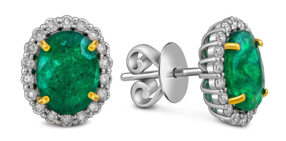 Серьги пусеты из белого золота с бриллиантами и изумрудами (055078)