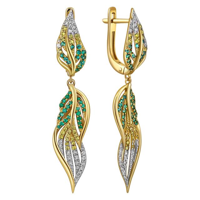 Серьги из жёлтого золота с бриллиантами, изумрудами и жёлтыми сапфирами (059608)