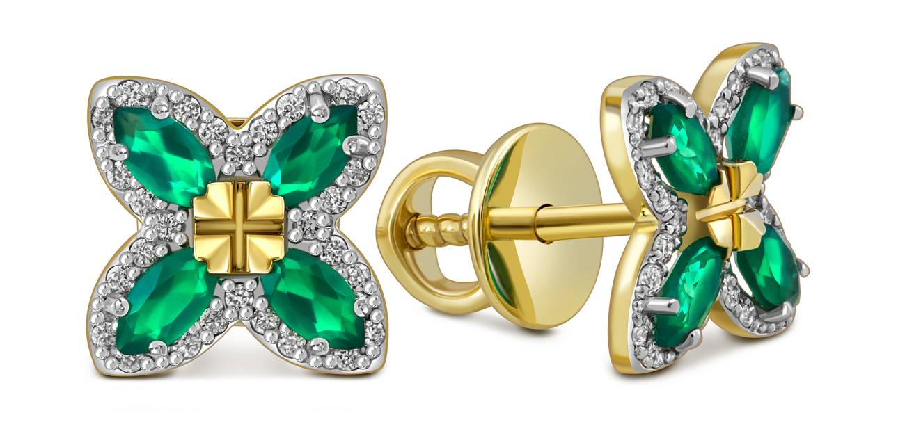 Серьги пусеты из жёлого золота с бриллиантами и изумрудами (058790)