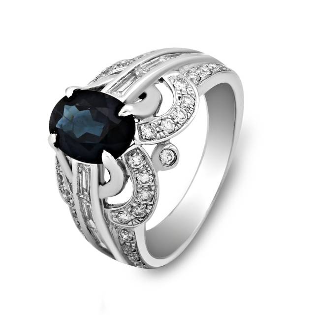 Кольцо из белого золота с бриллиантами и сапфиром (018049)
