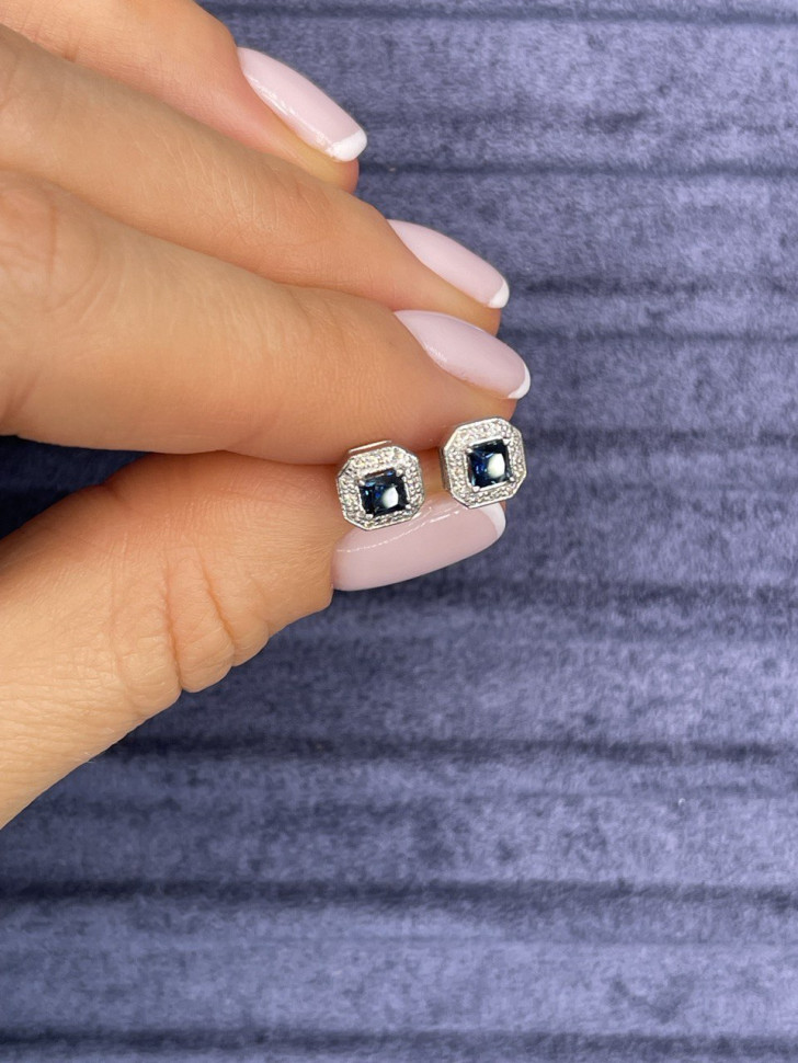 Серьги пусеты из платины с бриллиантами и сапфирами (054332)