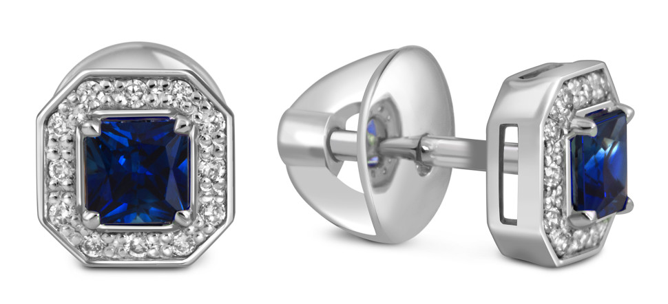 Серьги пусеты из платины с бриллиантами и сапфирами (054332)
