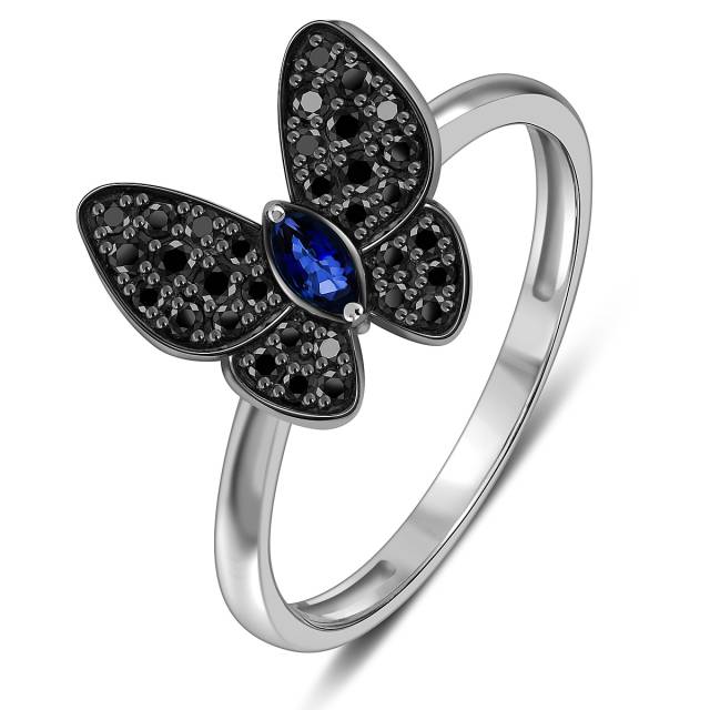 Кольцо из белого золота с чёрными бриллиантами и сарфиром (059598)