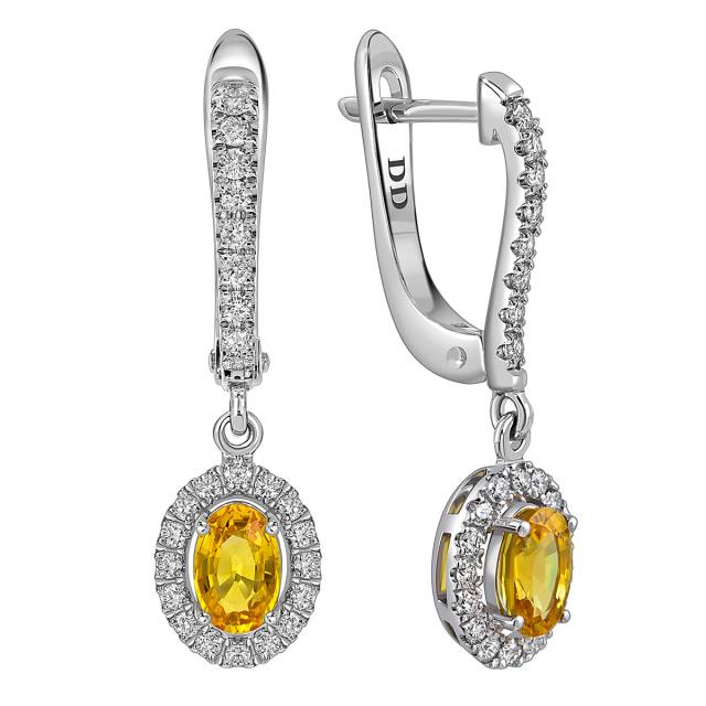 Серьги из белого золота с бриллиантами и жёлтыми сапфирами  (062777)
