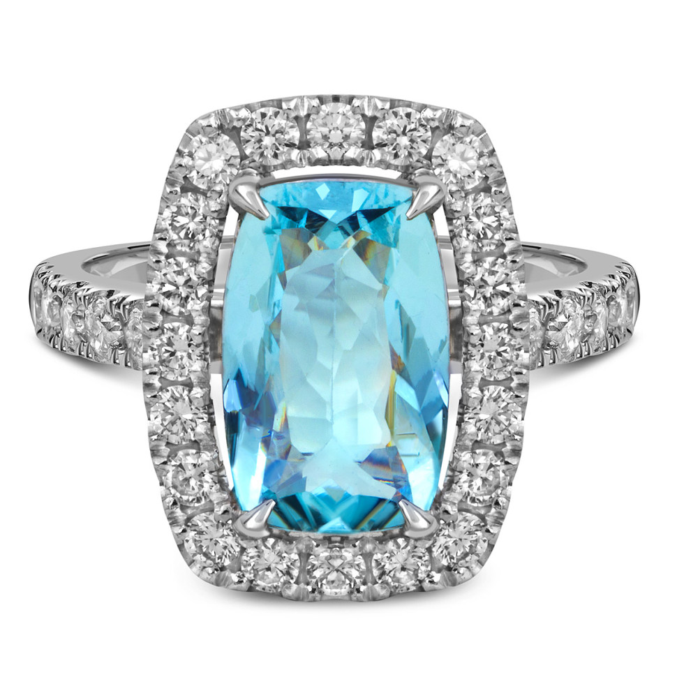 Кольцо из белого золота с бриллиантами и аквамарином (058660)