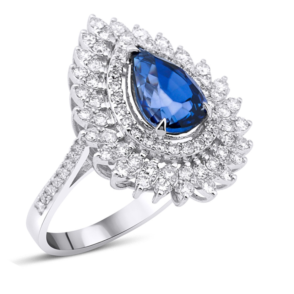 Кольцо из белого золота с бриллиантами и сапфиром (055619)