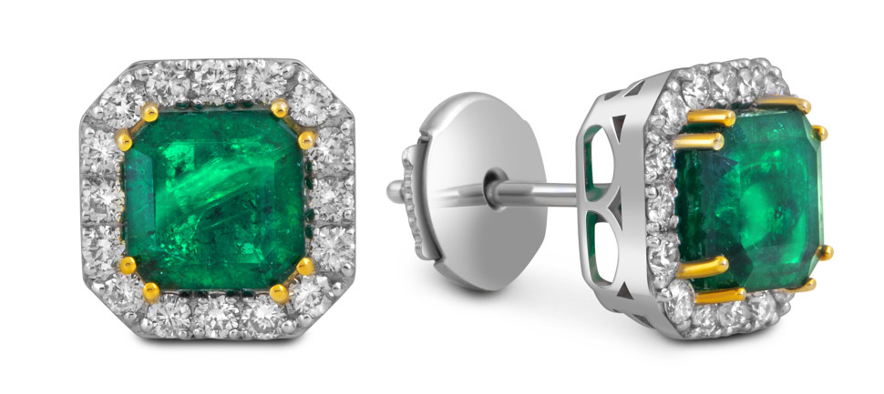 Серьги пусеты из белого золота с бриллиантами и изумрудами (055084)