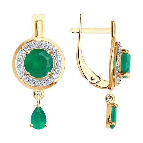 Серьги из красного золота с зелёными агатами и фианитами (047424)