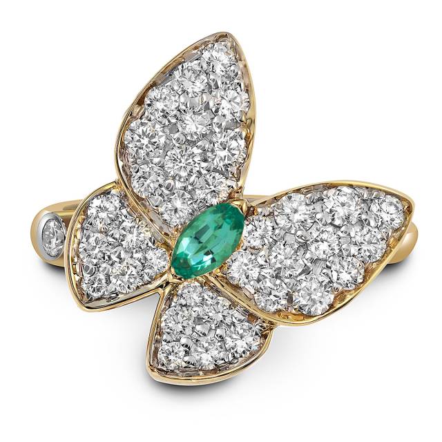 Кольцо из жёлтого золота с бриллиантами и изумрудом "Бабочки" (055145)