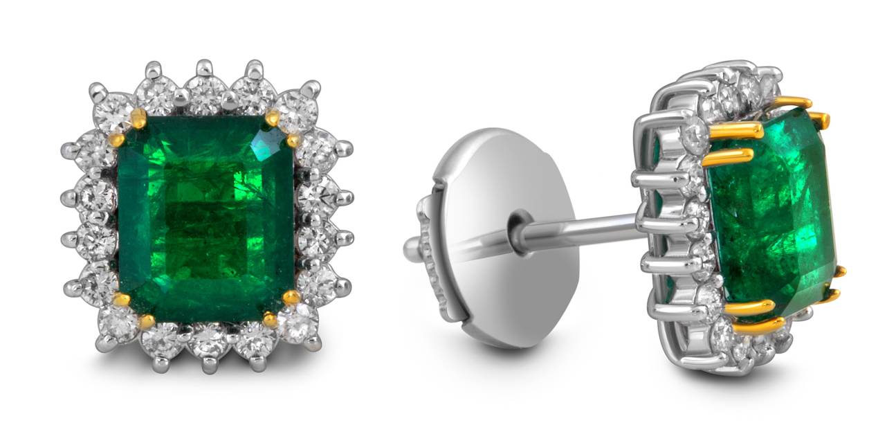 Серьги пусеты из белого золота с бриллиантами и изумрудами (055077)