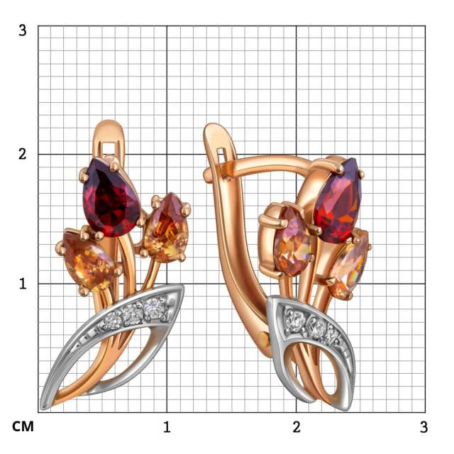 Серьги из красного золота с циртинами, гранатами и фианитами (019725)
