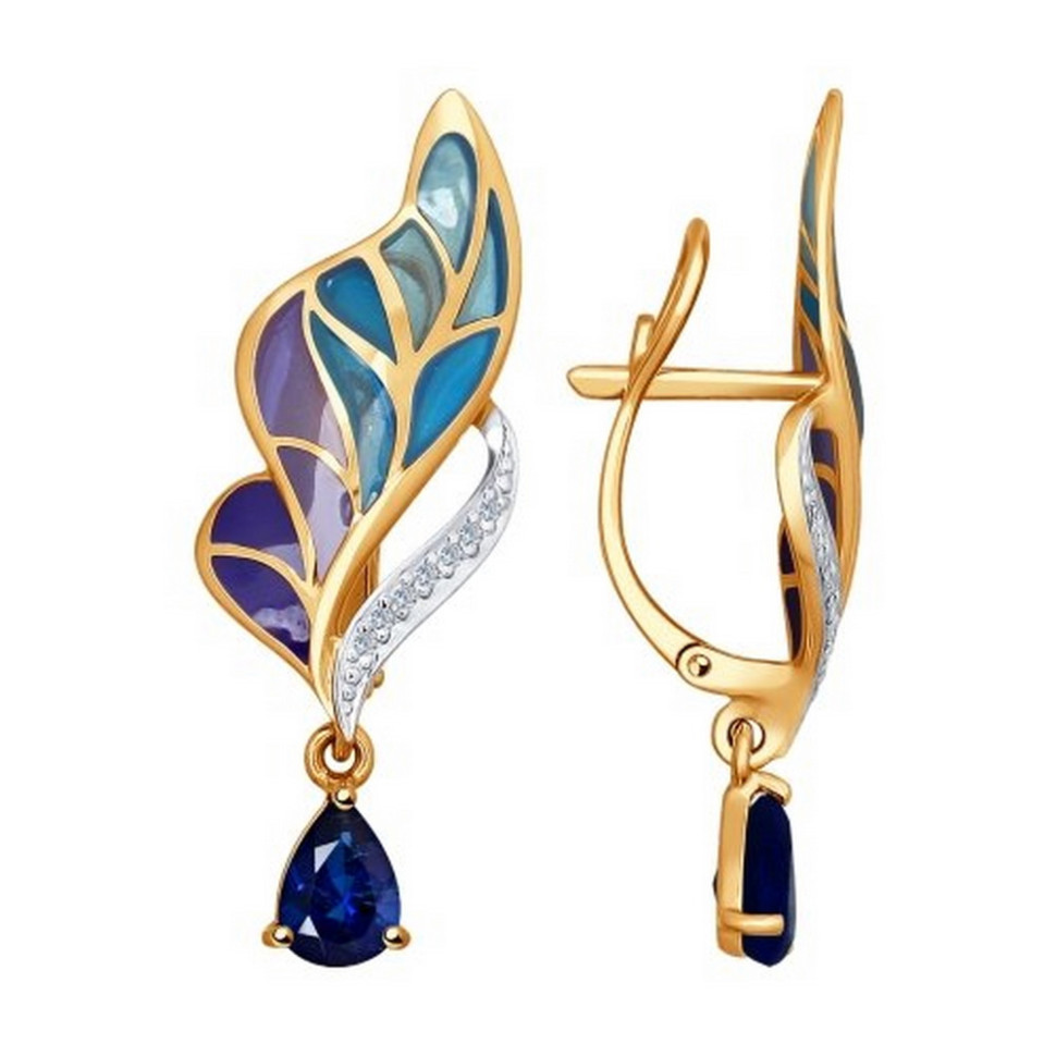 Серьги из красного золота с бриллиантами, сапфирами и эмалью (038422)