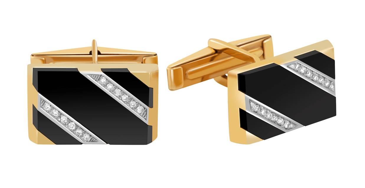 Запонки из жёлтого золота с бриллинатами и ониксом (047815)
