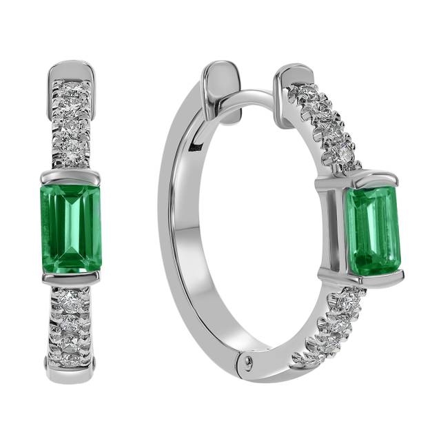 Серьги конго из белого золота с бриллиантами и изумрудами (059207)