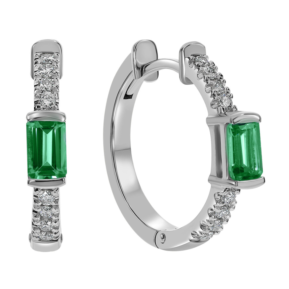 Серьги конго из белого золота с бриллиантами и изумрудами (059207)