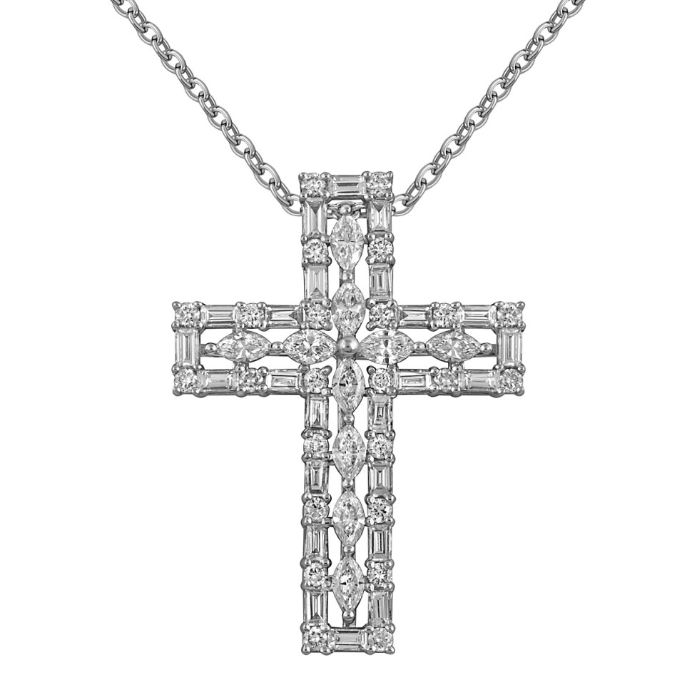 Колье крест из белого золота с бриллиантами 