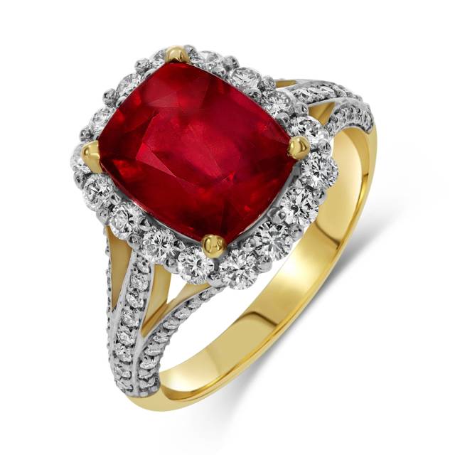 Кольцо из жёлтого золота с бриллиантами и рубином (060558)