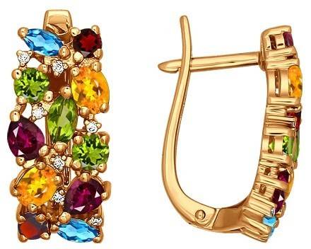Серьги из красного золота с полудрагоценными камнями и фианитами
