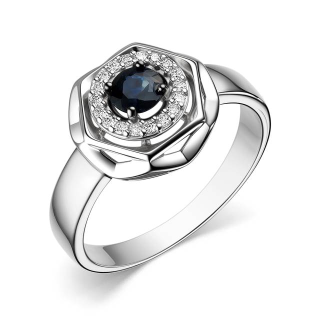Кольцо из белого золота с бриллиантами и сапфиром (060684)