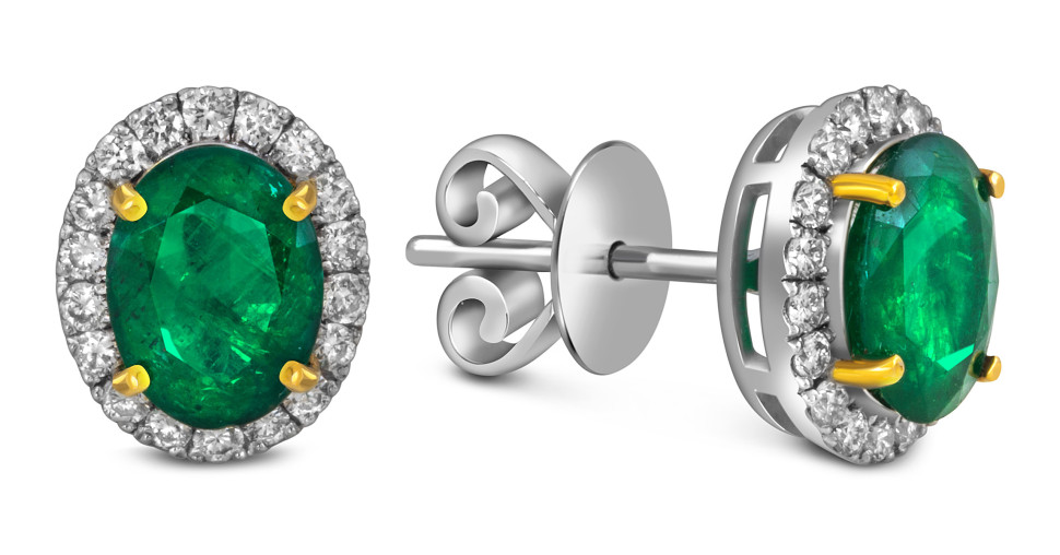Серьги пусеты из белого золота с бриллиантами и изумрудами (055065)