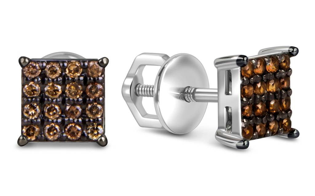 Серьги пусеты из белого золота с коньячными бриллиантами (059208)