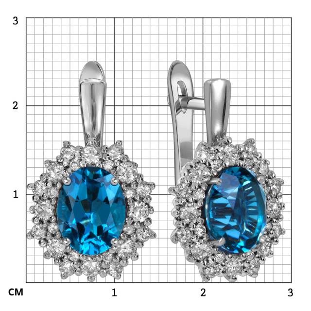 Серьги из белого золота с бриллиантами и лондон топазами (060506)
