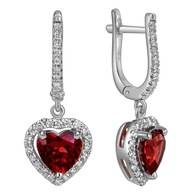 Серьги из белого золота с бриллиантами и грантами "Сердце" (060309)
