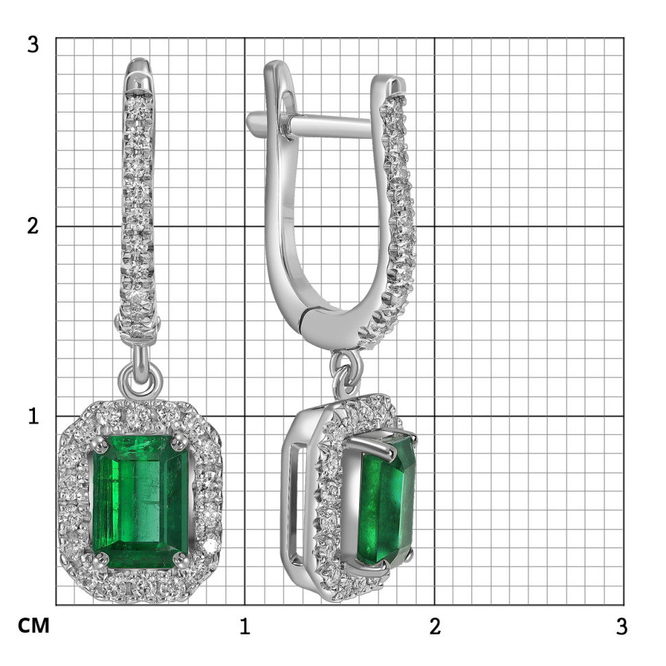 Серьги из белого золота с бриллиантами и изумрудами (063719)