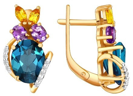 Серьги из красного золота с полудрагоценными камнями и фианитами
