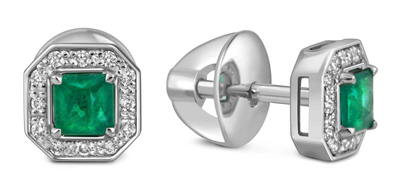 Серьги пусеты из платины с бриллиантами и изумрудами (054331)