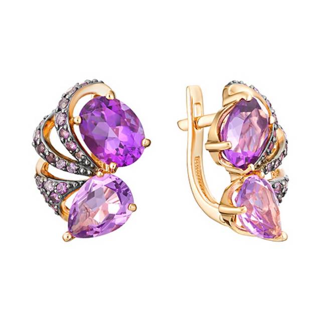 Серьги из красного золота с аметистами и фианитами (041577)