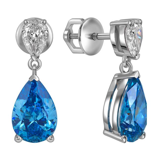 Серьги пусеты из белого золота с голубыми бриллиантами (063737)