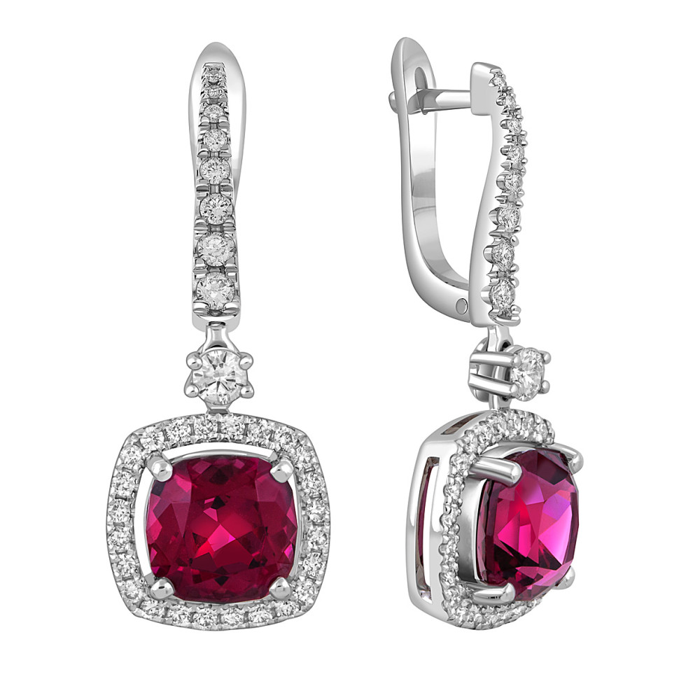 Серьги из белого золота с бриллиантами и родолитами (051717)