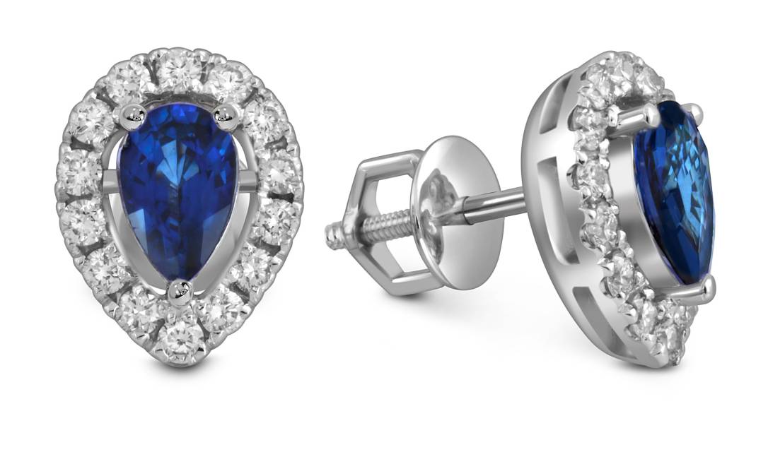 Серьги пусеты из белого золота с бриллиантами и сапфирами (054485)