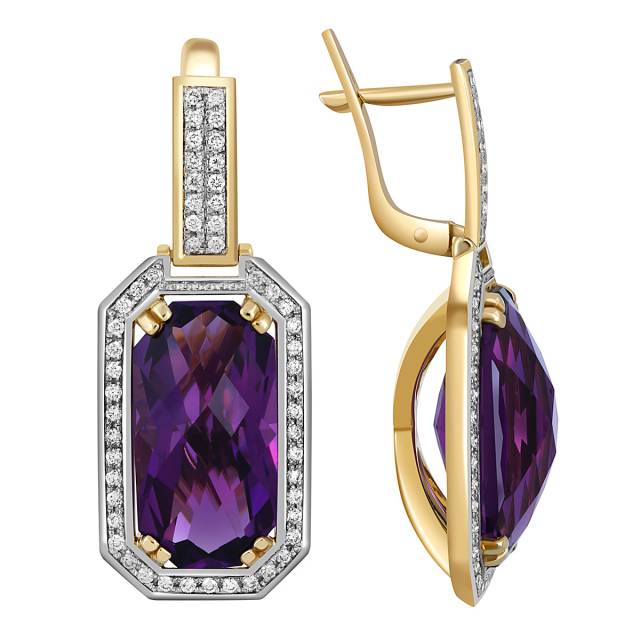 Серьги из жёлтого золота с бриллиантами и аметистами (046727)