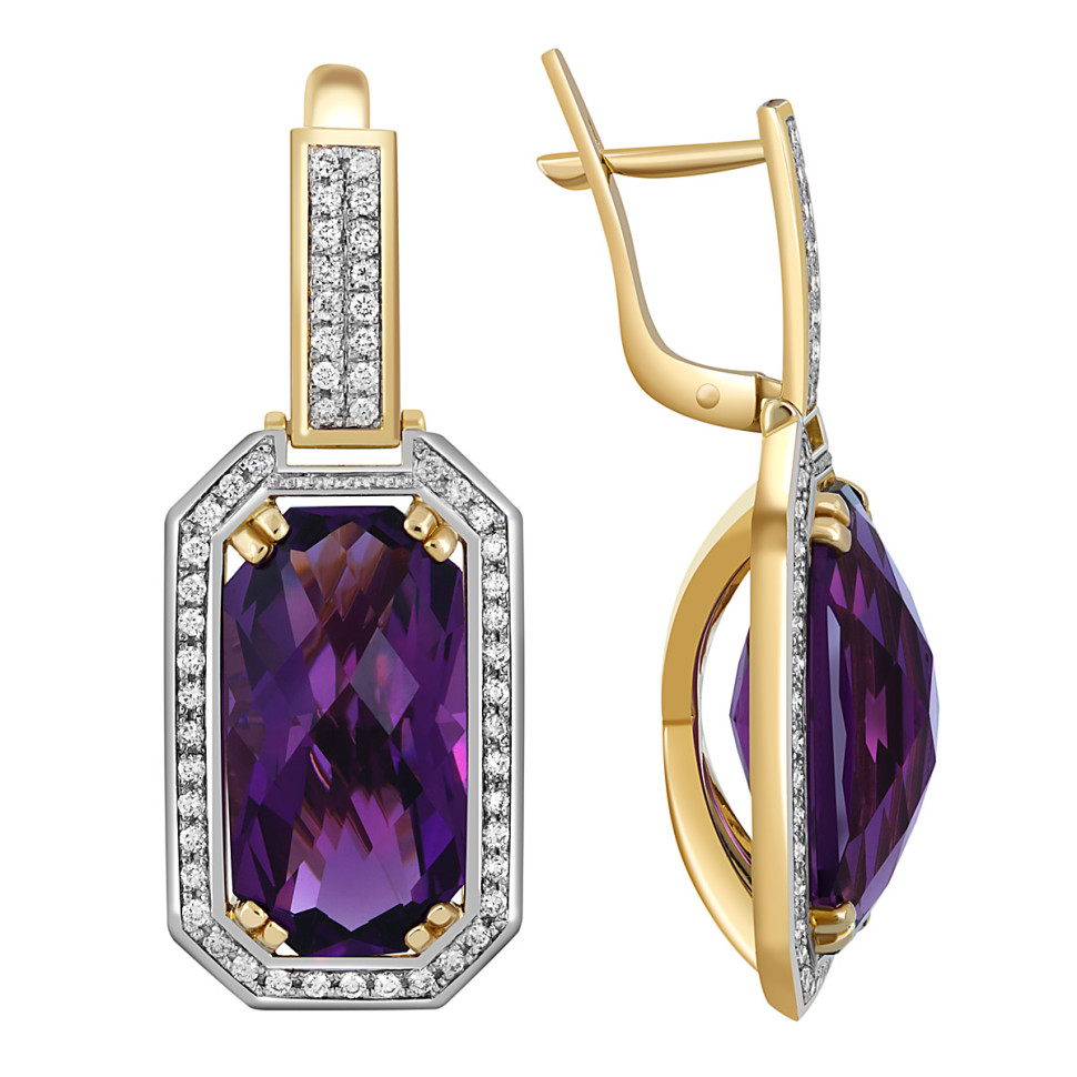 Серьги из жёлтого золота с бриллиантами и аметистами (046727)