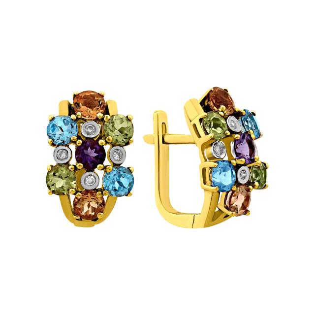 Серьги из жёлтого золота с бриллиантами и полудрагоценными камнями (022116)
