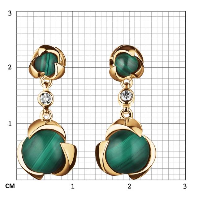 Серьги из жёлтого золота с бриллиантами и малахитами (063989)