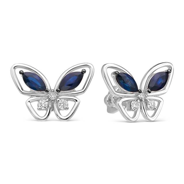Серьги пусеты из белого золота с сапфирами и бриллиантами "Бабочки" (061317)