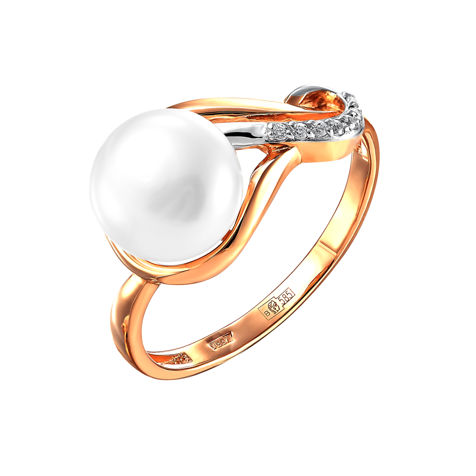 Кольцо из красного золота с жемчугом и фианитами (041795)