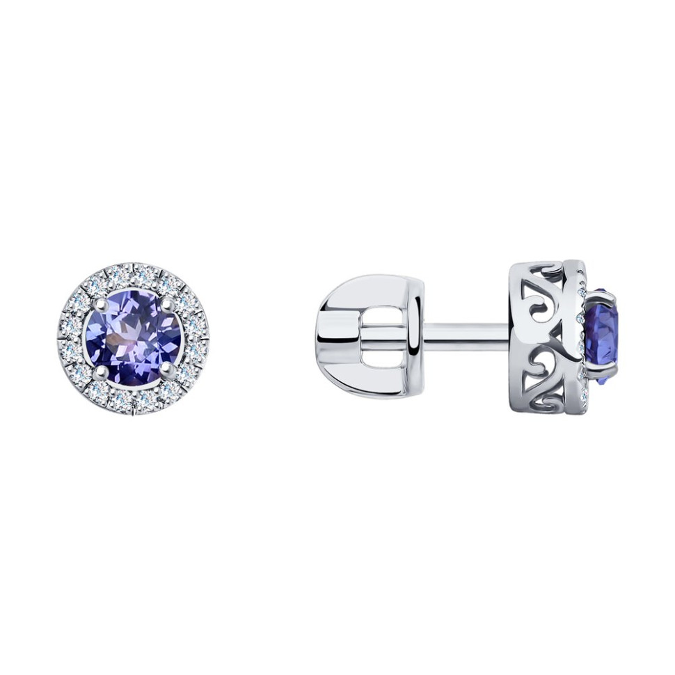 Серьги пусеты из белого золота с бриллиантами и танзанитами (047409)