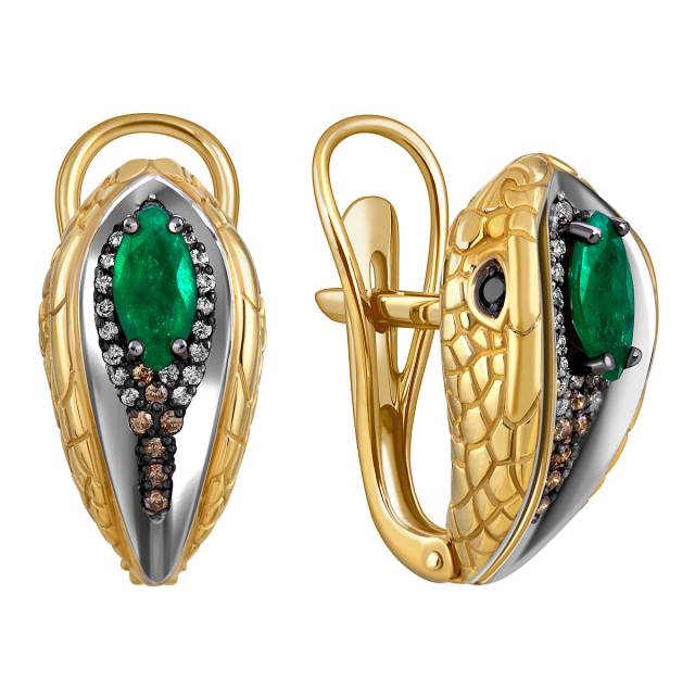 Серьги из жёлтого золота с бриллиантами и изумрудами (055182)
