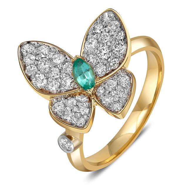 Кольцо из жёлтого золота с бриллиантами и изумрудом "Бабочка" (059984)